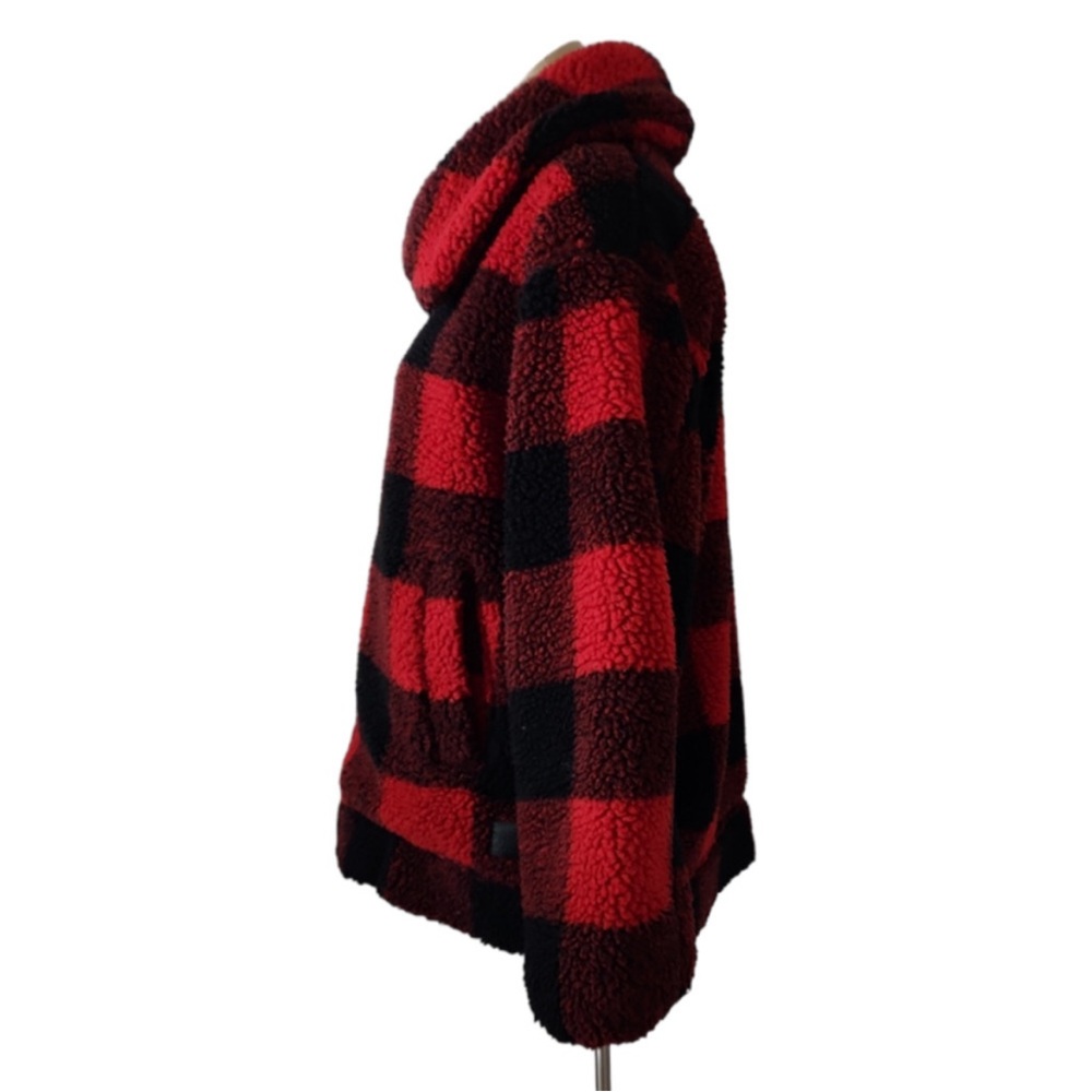 Roots Canada Sherpa Fleece Zip-Up Jacket XS Red Black Buffalo Plaid Lined Pocket - Picture 3 of 7